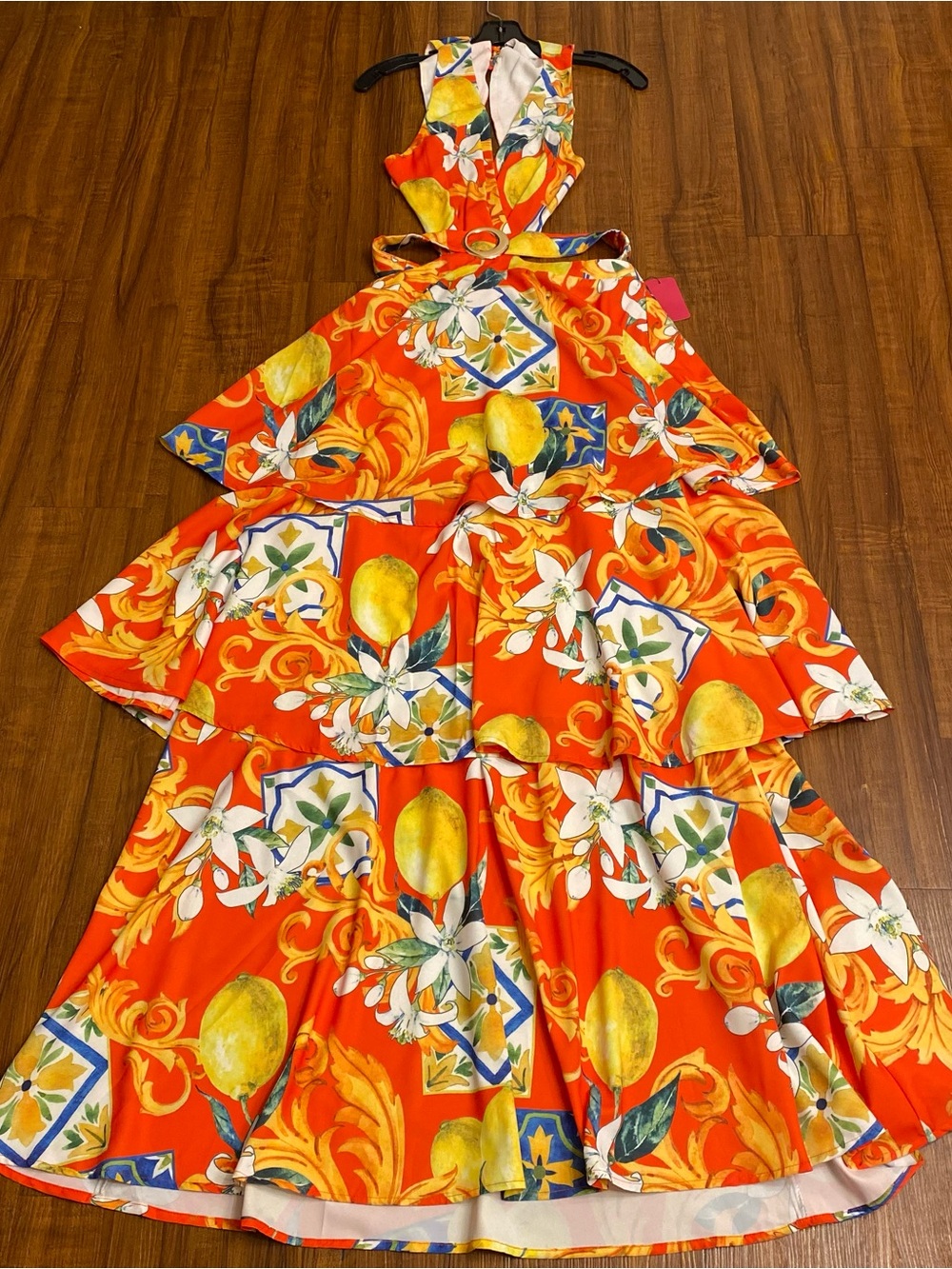 New Ladies Orange Lemon Print Tiered Dress Size Small